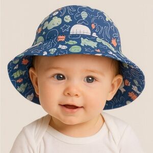 Gymboree Baby Ocean Animal Print Bucket Hat with Chin Straps Size 0-3 Months